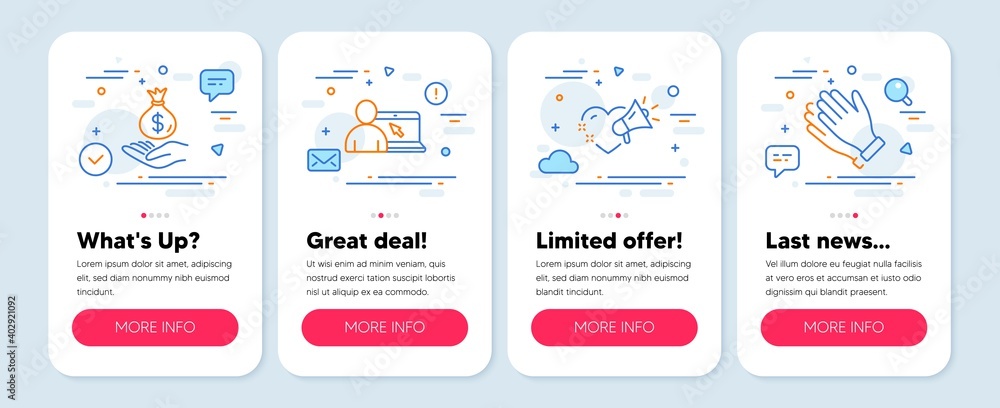Set of People icons, such as Love message, Income money, Online education symbols. Mobile screen app banners. Clapping hands line icons. Heart, Savings, Internet lectures. Clap. Vector