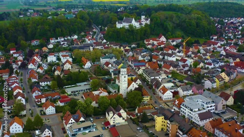 Aerial view of the city Illertissen Iller and castle Vöhlinschloss in Bavaria, Germany in spring. photo