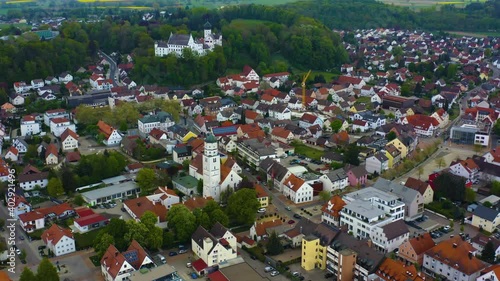 Aerial view of the city Illertissen Iller and castle Vöhlinschloss in Bavaria, Germany in spring. photo