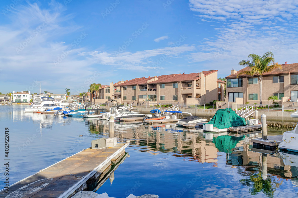 Beautiful harbour views with boats and docks in Huntington Beach California