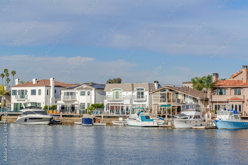 Beautiful seaside landscape at the harbor of Huntington Beach with cloudy sky