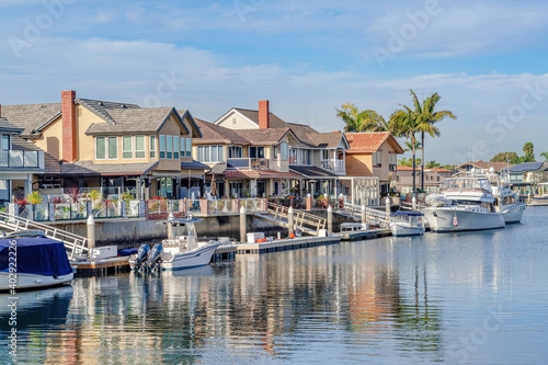 Houses in Huntington Beach California overlooking the beautiful harbor scenery