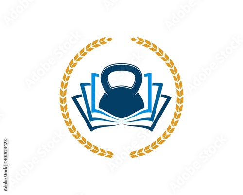 Circular wheat with abstract book and gym kettle bell
