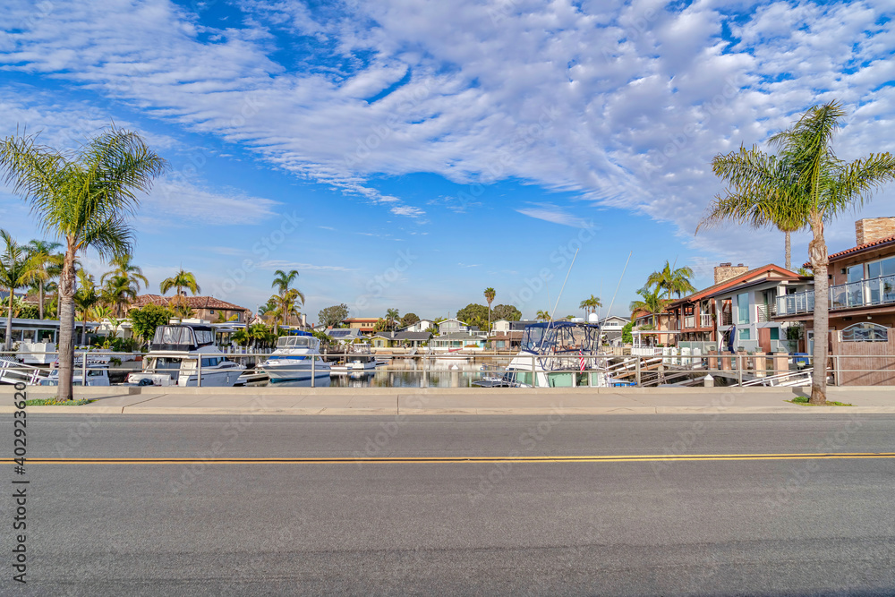 Road overlooking the harbour of Huntington Beach California on a cloudy day Road overlooking the harbour of Huntington Beach California on a cloudy day