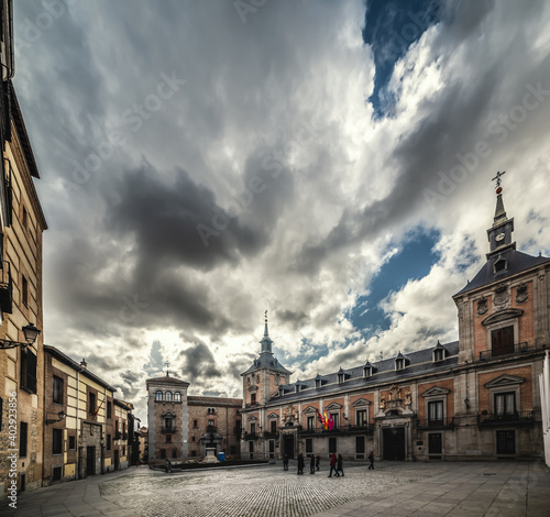 Dramatic sky over Fuerzas Armadas cathedral in Madrid