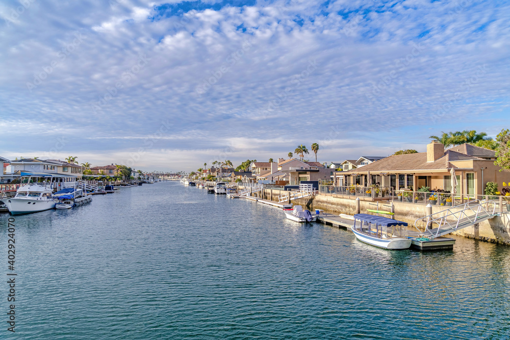 Huntington Beach coastal neighborhood landscape with sea and bayfront houses