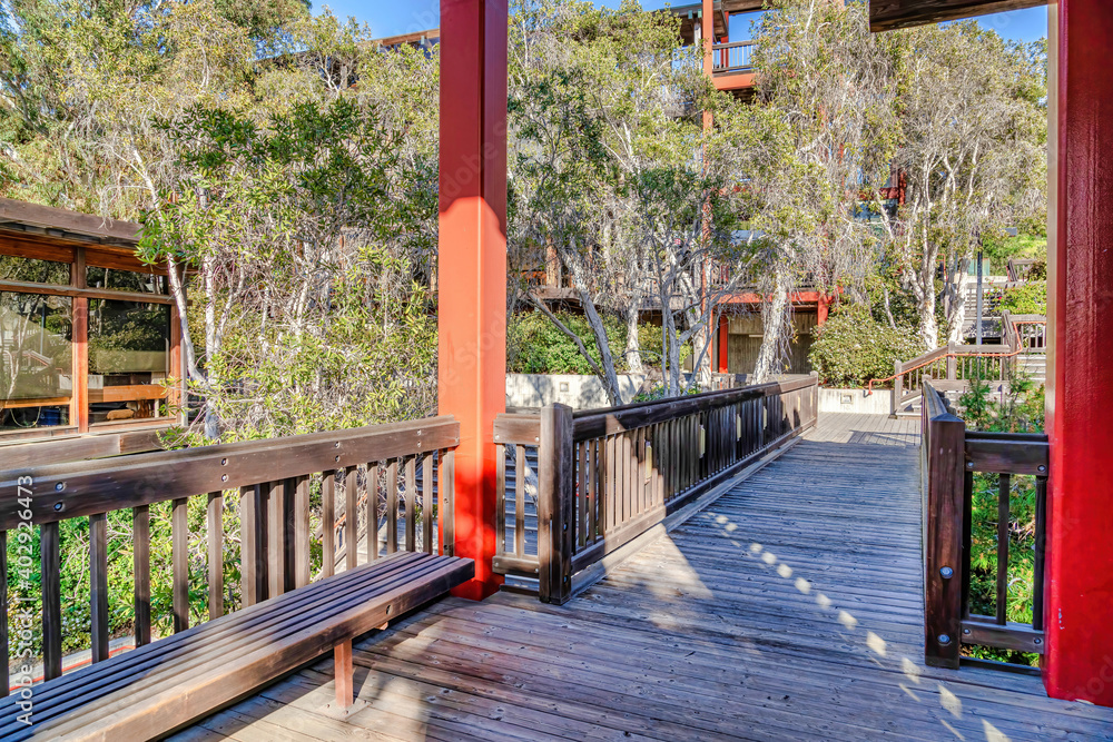 Wooden deck trail with scenic views of coastal landscape in San Diego California Wooden deck trail with scenic views of coastal landscape in San Diego California
