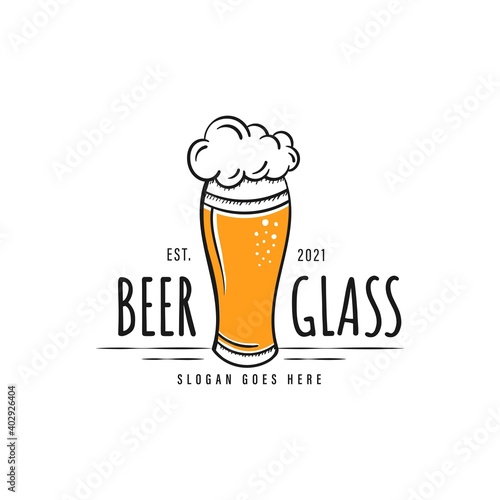 Beer glass retro hand drawn logo design on white background