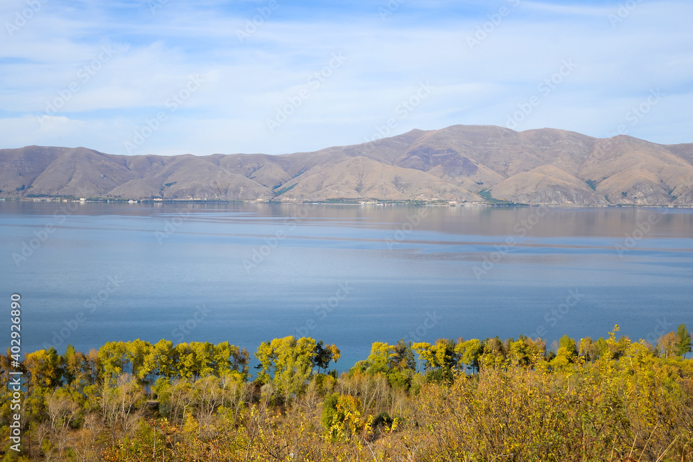 Lake Sevan in Armenia with beautiful autumn colors. Largest body of water in the Caucasus region. Alpine Lake in Gegharkunik Province.