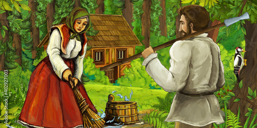 Wallpaper Mural cartoon scene with farmer near the wooden farm in the forest - illustration