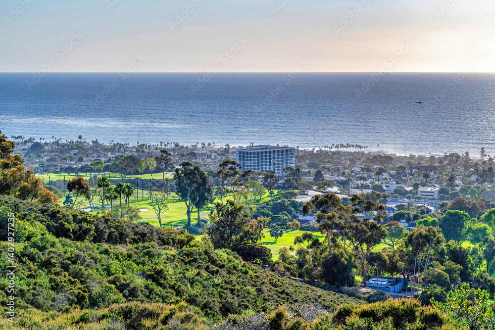 Buildings and homes amidst lush foliage overlooking the ocean in San Diego CA