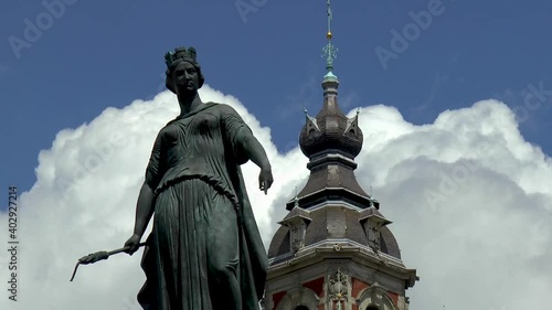 Column of the Goddess, Lille, France.
Close up view of the Column of the Goddess, Colonne de la Déesse, and Chamber of Commerce Belfry in Lille, France.