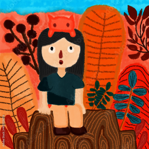 illustration of a child with his favorite cat design wallpaper and background