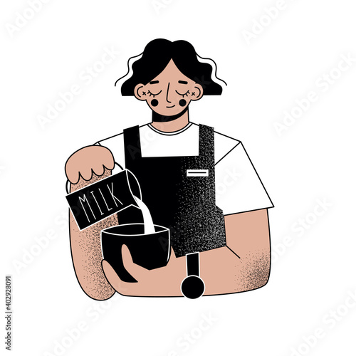 Young woman barista making coffee. Flat vector illustration.