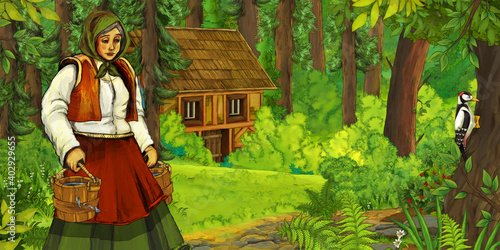 cartoon scene with farmer near the wooden farm in the forest - illustration
