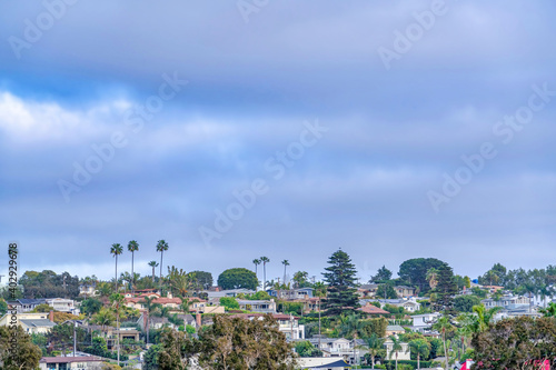 Aerial view of San Diego California neighborhood landscape with cloudy blue sky
