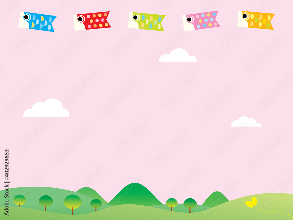 ピンクの空を泳ぐ鯉のぼりと山並みの背景イラスト ピンクの空を泳ぐ鯉のぼりと山並みの背景イラスト