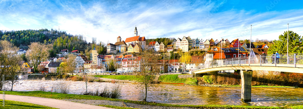 Idyllic panorama view to the city of Horb am Neckar in Black Forest, Germany
