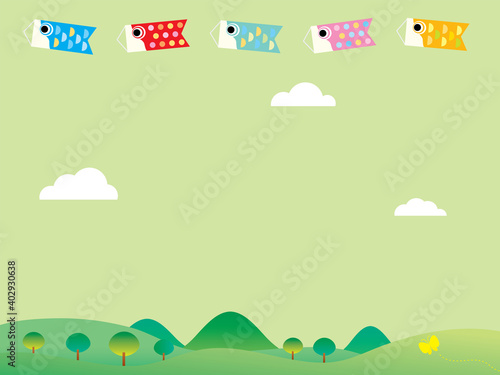 空を泳ぐ鯉のぼりと山並みの背景イラスト