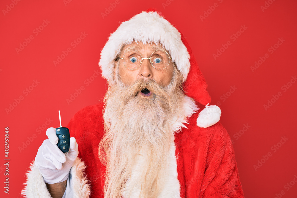Santa Poo Old senior man with grey hair and long beard wearing santa claus ...