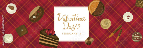 手描きタッチチョコレートスイーツ　タータンチェックバレンタインデー　横長POP
