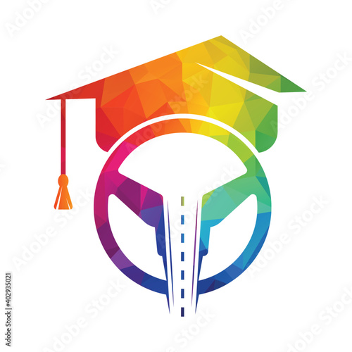 Driving school logo design. Steering wheel road and graduation cap vector icon.