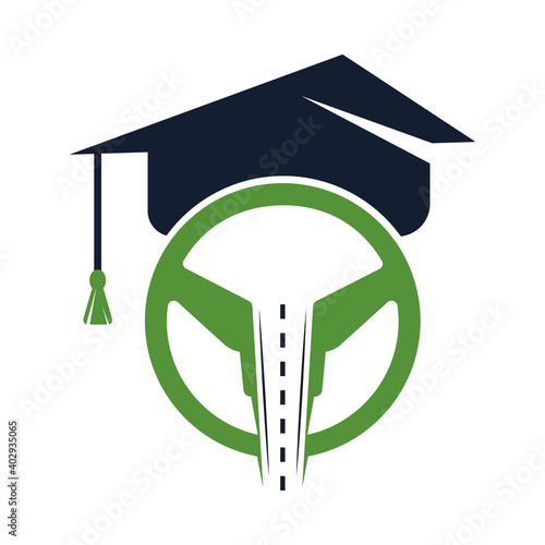 Driving school logo design. Steering wheel road and graduation cap vector icon.