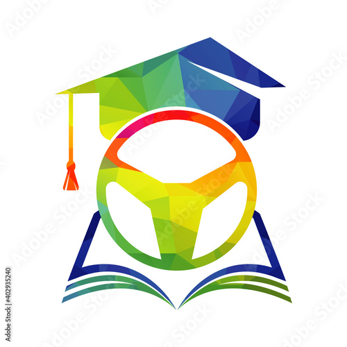 Driving school Logo Template Design. Steering wheel with graduation cap and book icon.