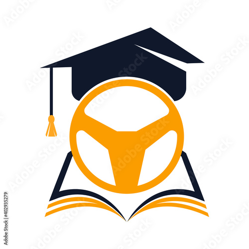 Driving school Logo Template Design. Steering wheel with graduation cap and book icon.