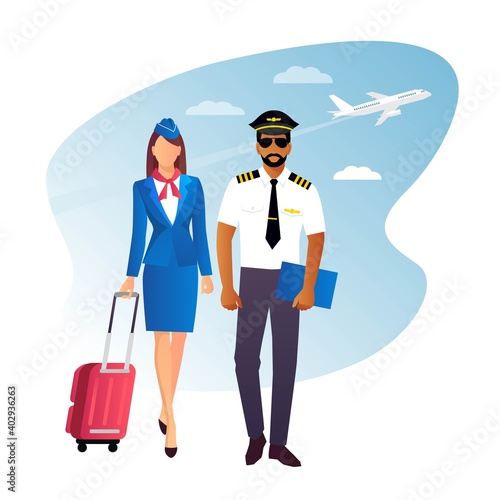 Illustration of stewardess dressed in blue uniform. Flight attendant and a pilot isolated on a white background. vector 