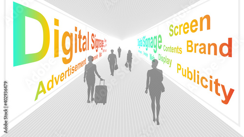 Aisle with digital signage on both sides.