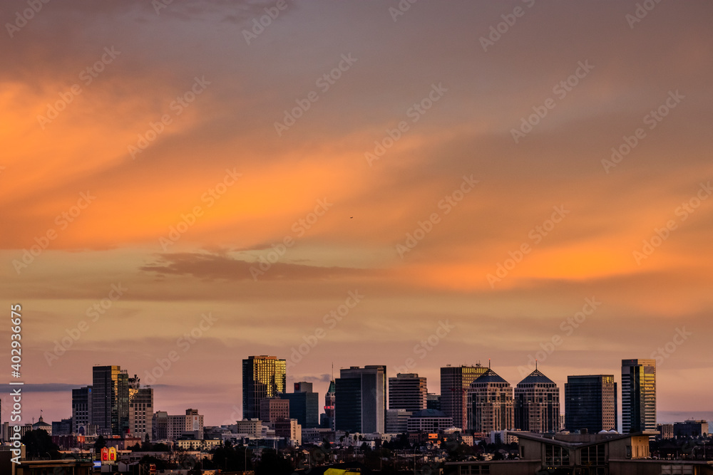 Sunset with Downtown Oakland CA skyline