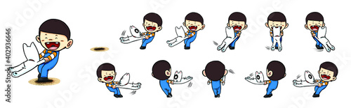 The boy carried the dog happily and spun around with joy.