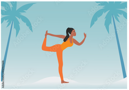 Beautiful woman doing yoga exercise on the beach vector illustration. Health lifestyle workout concept