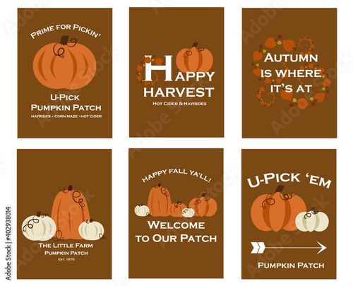 Vector illustration set Pumpkin patch Themed signs on brown Background.. Happy Harvest & Fall donative cards.