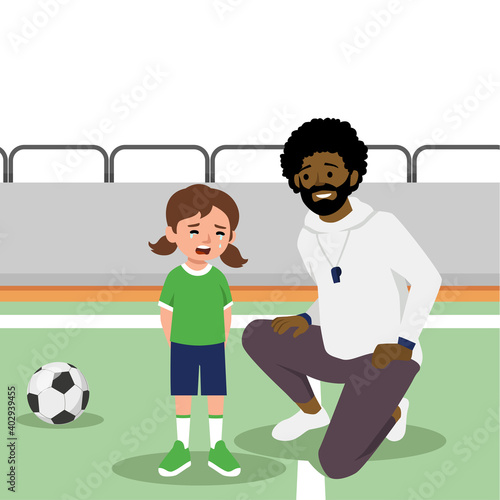 Sports coach man cheering a crying kid in the soccer field flat vector illustration