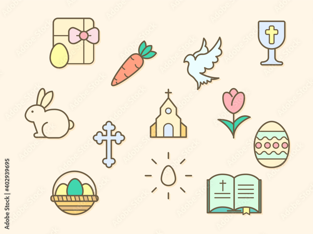 Fototapeta premium Vector illustration of a easter and church elements. Contains such as eggs, religion, bunny, gifts, spring, rabbit, celebration, decoration and more. Flat illustration style line drawing and backgroun