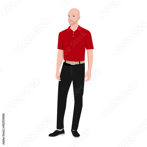 Bald professional businessman wearing red golf shirt character flat vector illustration isolated on white background