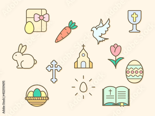 Vector illustration of a easter and church elements. Contains such as eggs, religion, bunny, gifts, spring, rabbit, celebration, decoration and more. Flat illustration style line drawing and backgroun