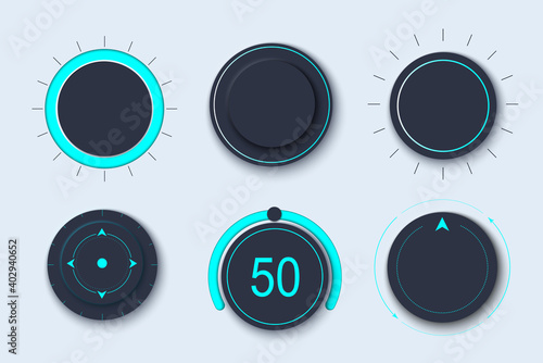 Neumorph UI kit with Volume Knob and switches. Light set. Workflow Control and navigation elements in Skeuomorph Trend. Design for smart technology applications. Vector illustration.