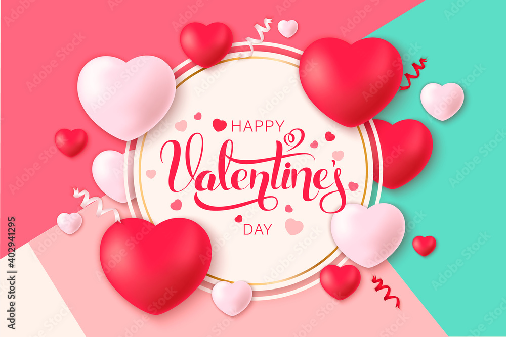 Happy saint Valentine's day background with decoration hearts and paper cut rose flowers. Vector illustration.