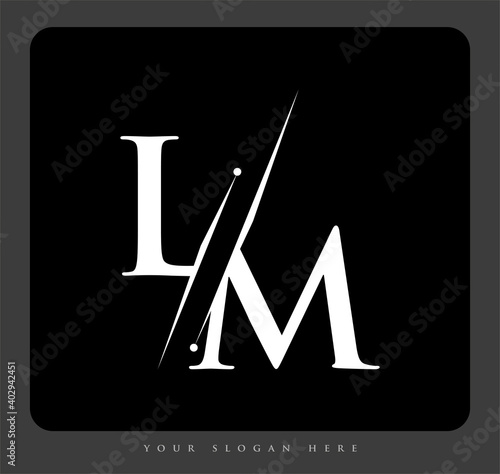 initial logo letter LM for company name black and white color and slash design. vector logotype for business and company identity.