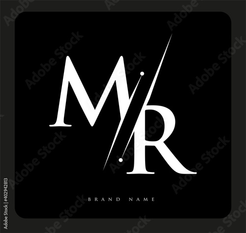 initial logo letter MR for company name black and white color and slash design. vector logotype for business and company identity.