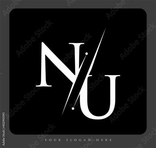 initial logo letter NU for company name black and white color and slash design. vector logotype for business and company identity.