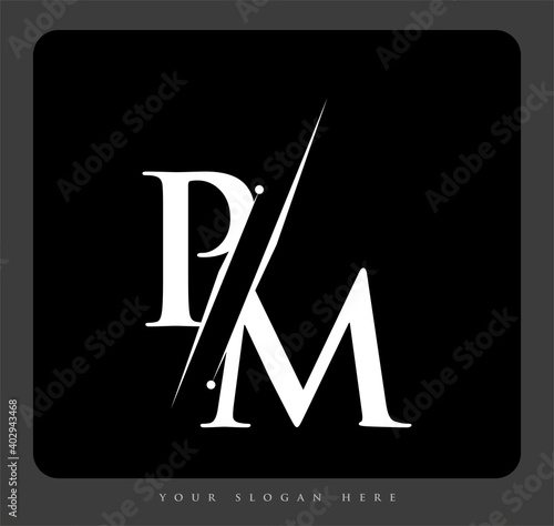 initial logo letter PM for company name black and white color and slash design. vector logotype for business and company identity.