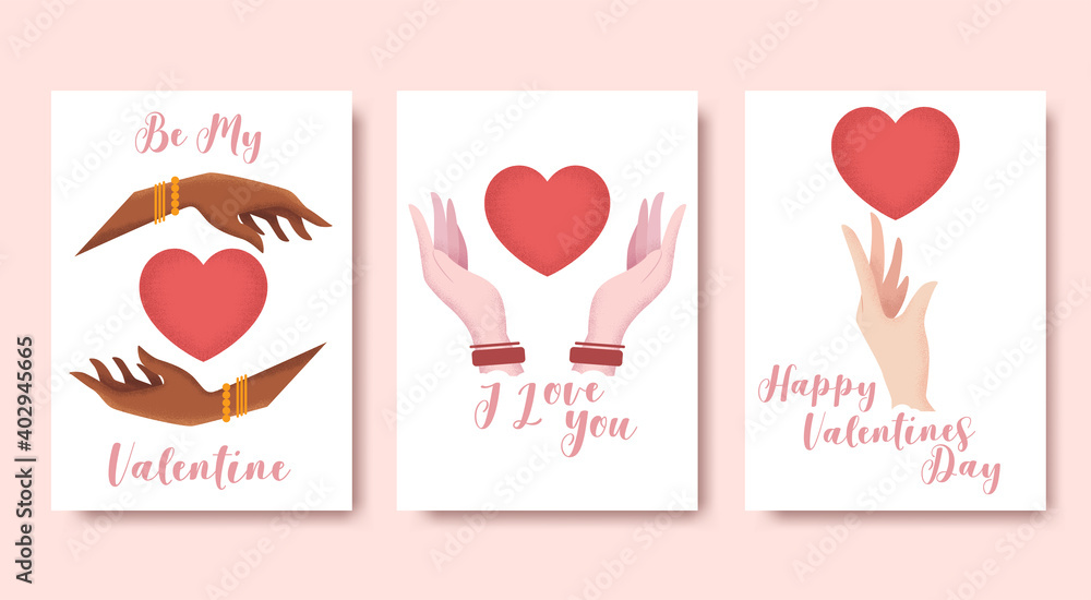 Valentines day vector illustration collection in flat style with textured hands and red hearts isolated on white background. Love and romantic relationship concept for Valentine's day card