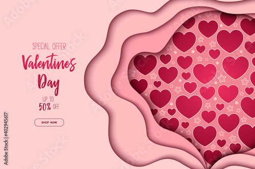 Valentines day sale vector banner with colorful abstract background and red hearts pattern. Design for advertising, promotion, card, poster, website, flyer, invitation