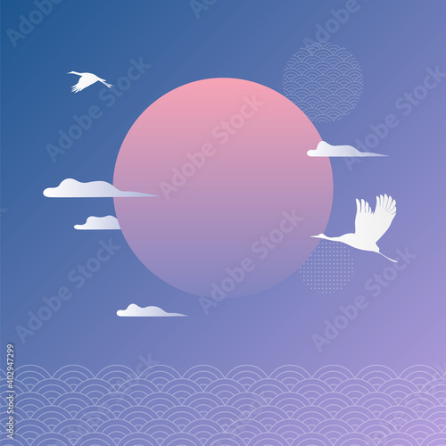 Korean traditional vector illustration background with sunrise scenery.