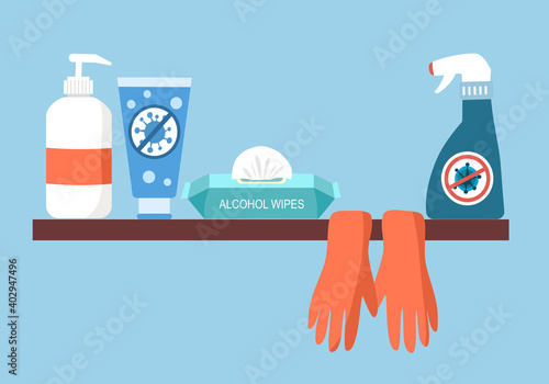 COVID-19 coronavirus or germs cleaning items- alcohol gel, alcohol wipes, gloves, hand wash cleanser and disinfecting spray.  Healthcare protection objects.