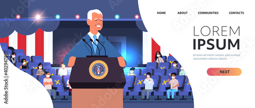 male president democrat winner of United States presidential election man giving speech from tribune USA inauguration day concept horizontal portrait copy space vector illustration